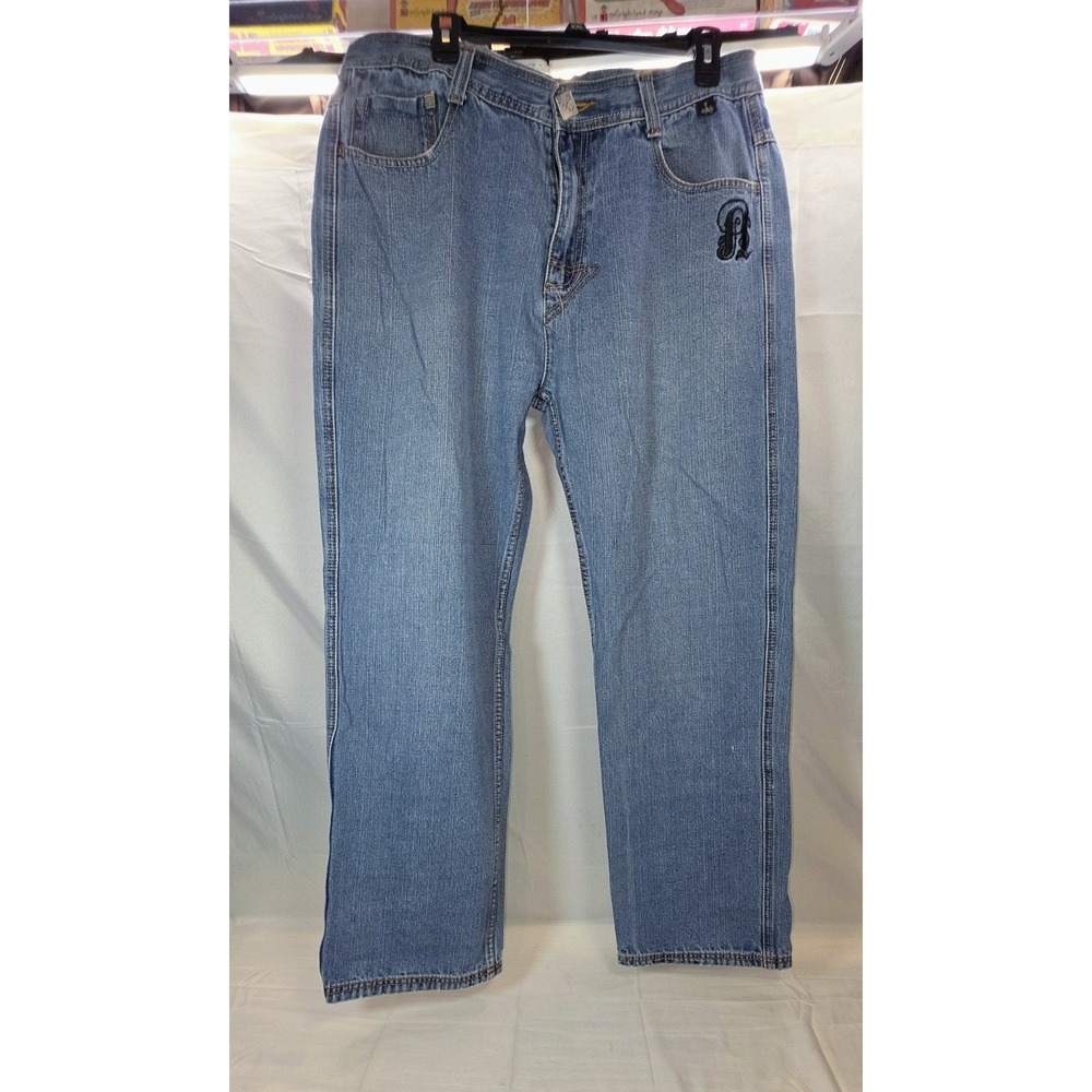 Notorious B.I.G. Men's Blue 5 Pocket Embroidered Straight Denim Jeans Size 38x30